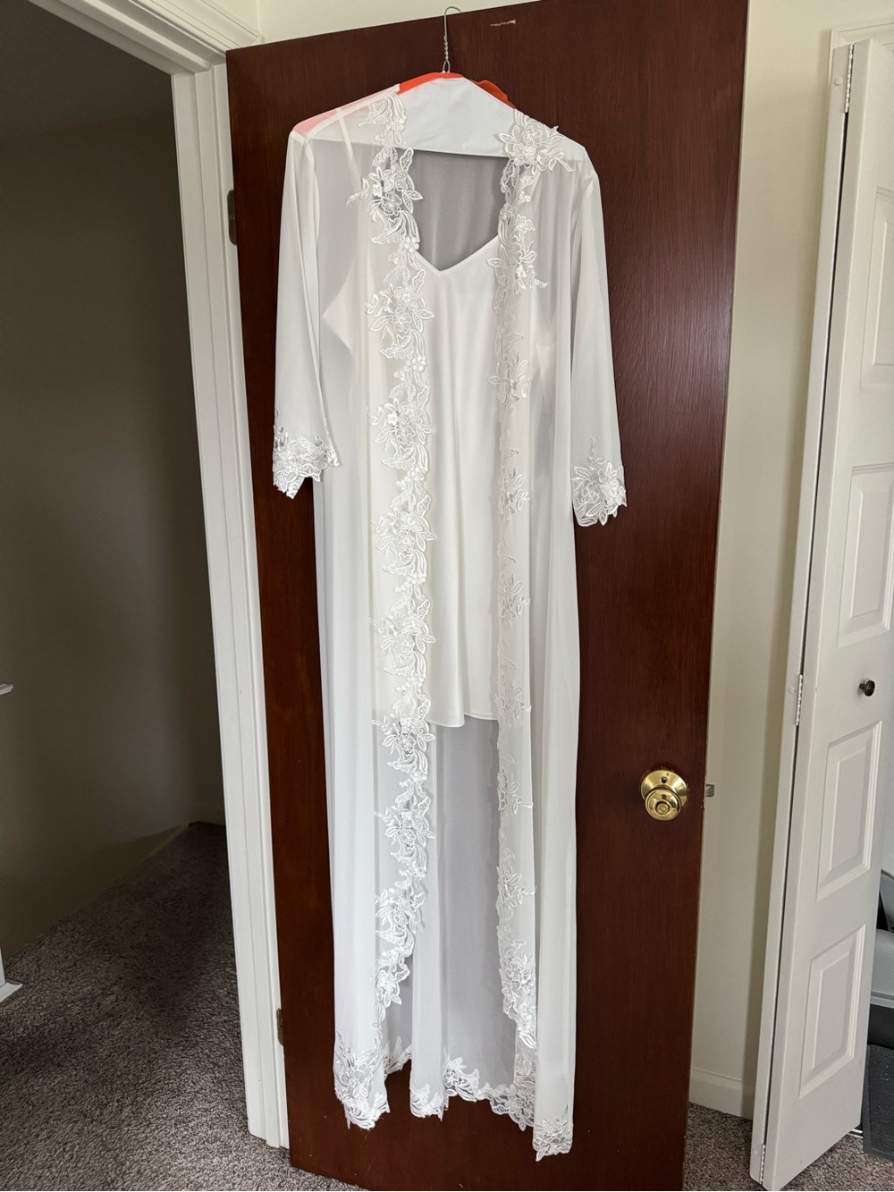 White Lace-Trim Long Chemise & Robe Set